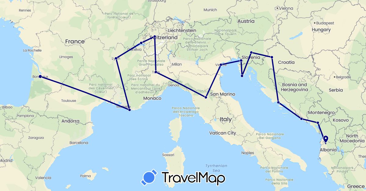 TravelMap itinerary: driving in Albania, Switzerland, France, Croatia, Italy, Montenegro, Slovenia (Europe)
